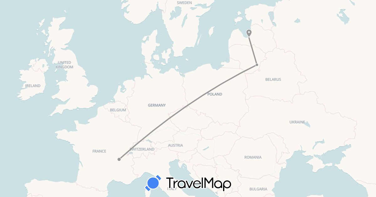 TravelMap itinerary: driving, plane in France, Lithuania, Latvia (Europe)